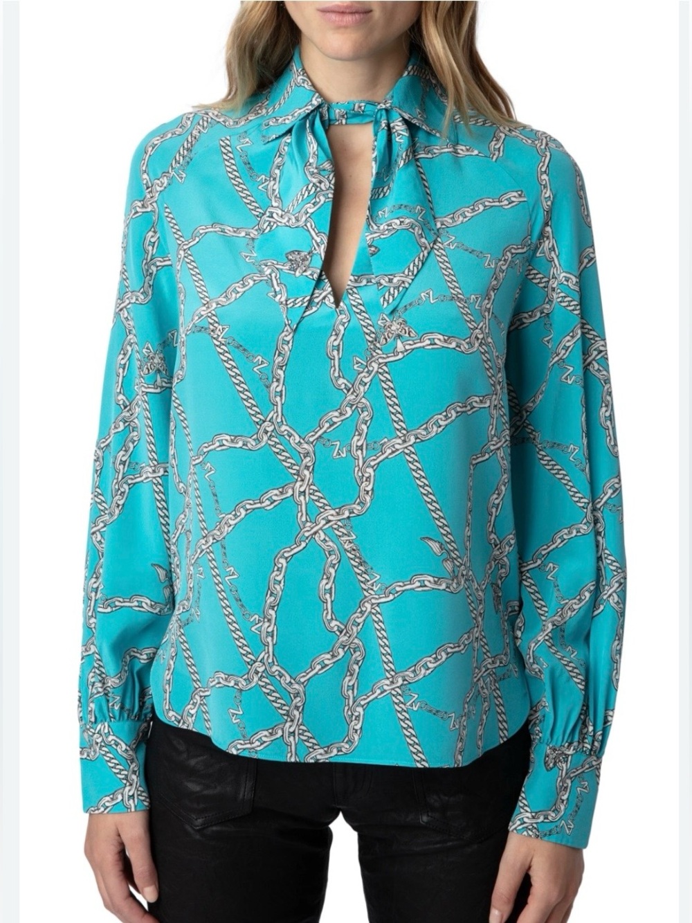 NWOT Zadig & Voltaire 100% Silk Turquoise Chain Print Tie-Neck Tulie Blouse US L
